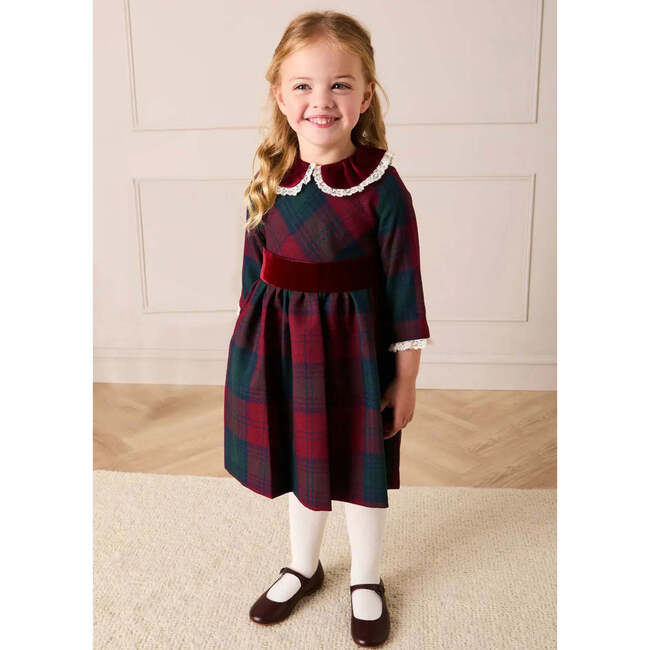 Grovesnor Tartan Lace Detail Velvet Bow Dress, Red - Dresses - 6
