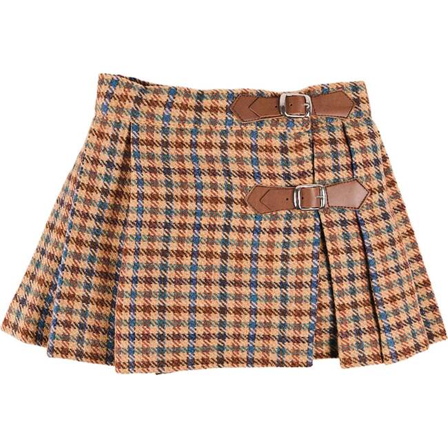 Vincent Check Buckle Detail Pleated Skirt, Brown