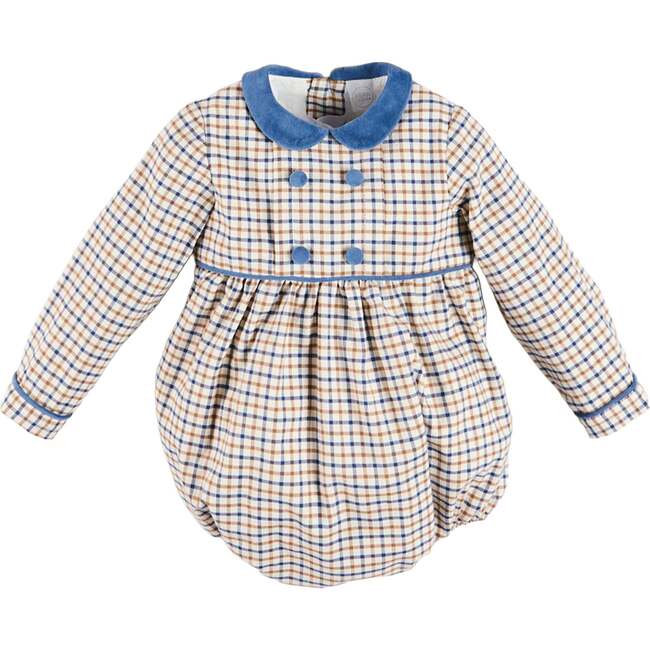 Thirleby Check Velvet Peter Pan Collar Long Sleeve Romper, Blue