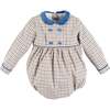 Thirleby Check Velvet Peter Pan Collar Long Sleeve Romper, Blue - Rompers - 1 - thumbnail