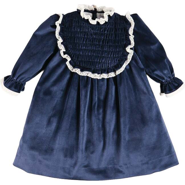 Velvet Hand Smocked Lace Detail Long Sleeve Dress, Navy