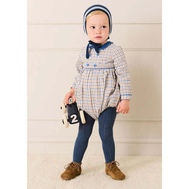 Thirleby Check Velvet Peter Pan Collar Long Sleeve Romper, Blue - Rompers - 2