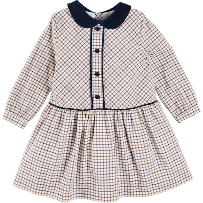 Thirleby Check Velvet Collar Button Detail Long Sleeve Dress, Camel