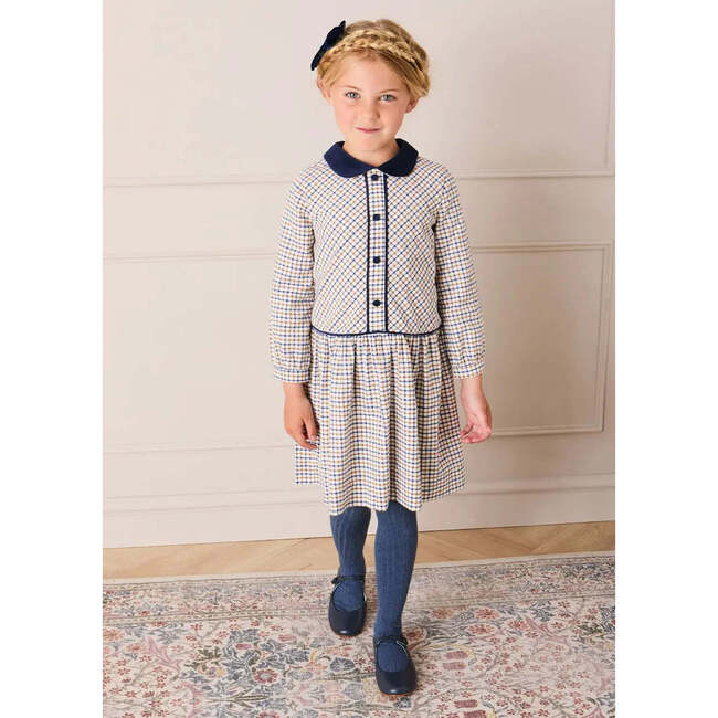 Thirleby Check Velvet Collar Button Detail Long Sleeve Dress, Camel - Dresses - 2