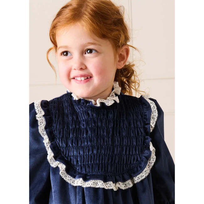 Velvet Hand Smocked Lace Detail Long Sleeve Dress, Navy - Dresses - 3