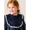 Velvet Hand Smocked Lace Detail Long Sleeve Dress, Navy - Dresses - 3
