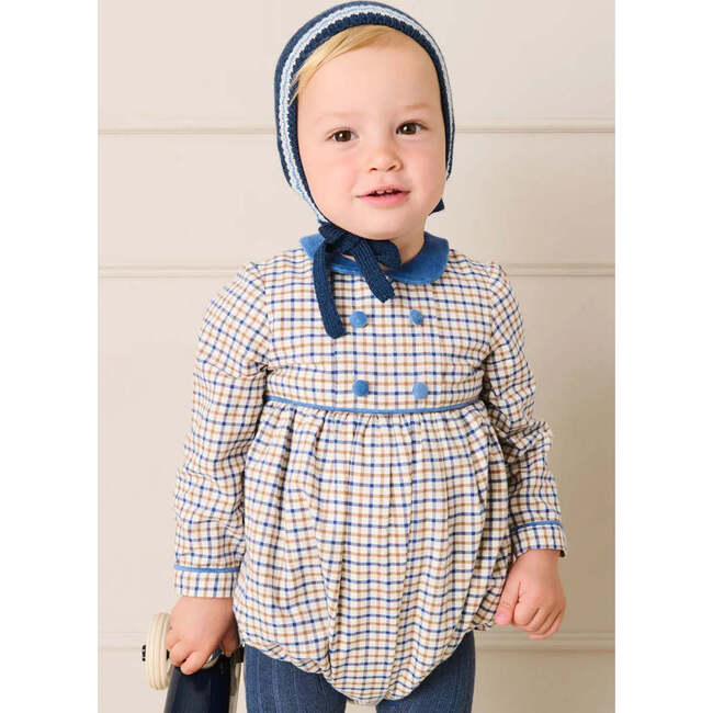 Thirleby Check Velvet Peter Pan Collar Long Sleeve Romper, Blue - Rompers - 5