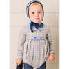 Thirleby Check Velvet Peter Pan Collar Long Sleeve Romper, Blue - Rompers - 5