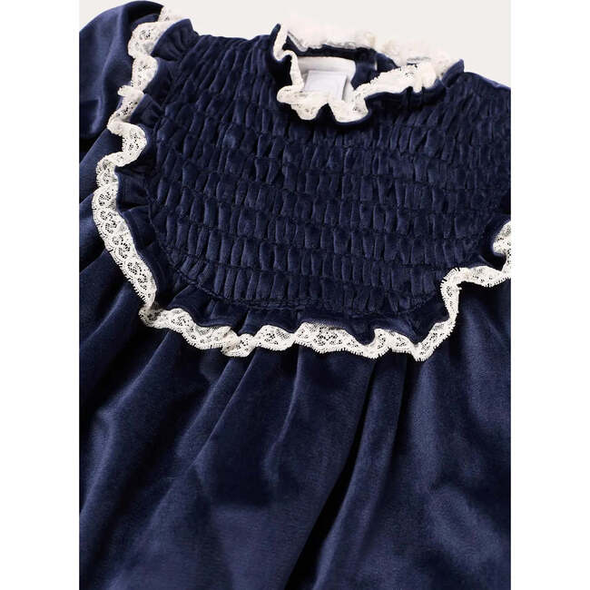 Velvet Hand Smocked Lace Detail Long Sleeve Dress, Navy - Dresses - 5