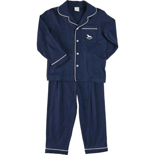 Rocking Horse Embroidered Pocket Detail Long Sleeve Pajamas, Navy