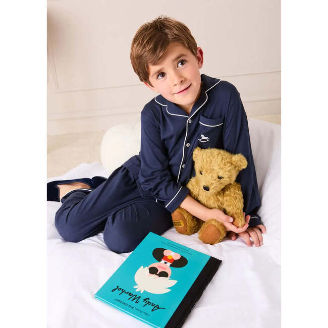 Rocking Horse Embroidered Pocket Detail Long Sleeve Pajamas, Navy - Pajamas - 2