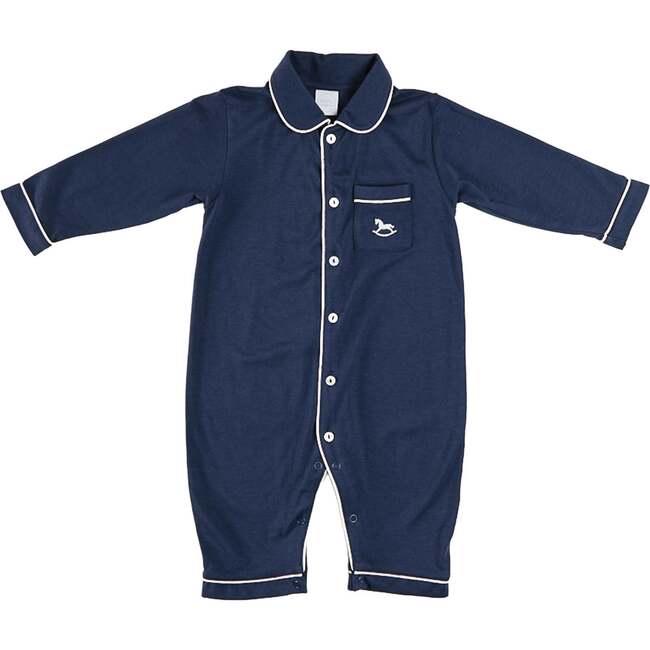 Rocking Horse Embroidered Pima Cotton Footie Pajamas, Navy
