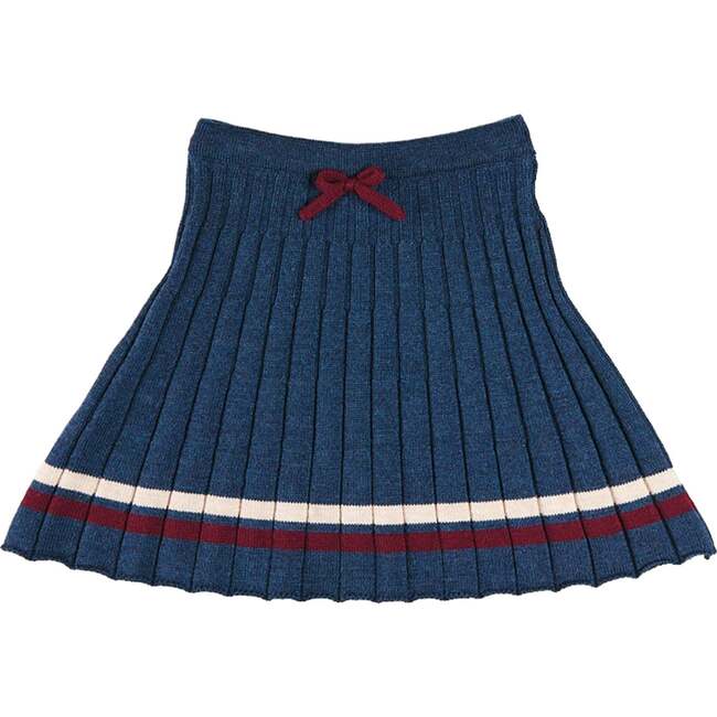 Pleated Bow Detail Striped Trim Skirt, Navy