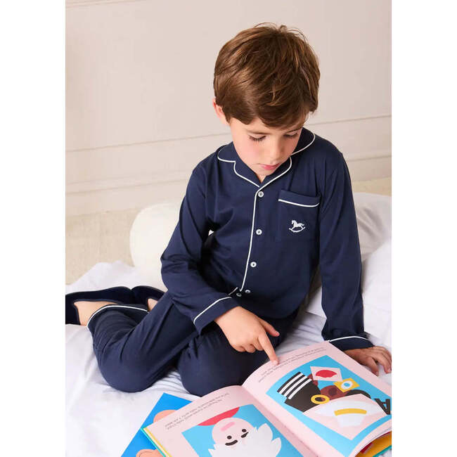 Rocking Horse Embroidered Pocket Detail Long Sleeve Pajamas, Navy - Pajamas - 4
