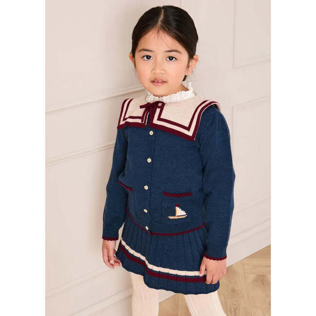 Pleated Bow Detail Striped Trim Skirt, Navy - Skirts - 2