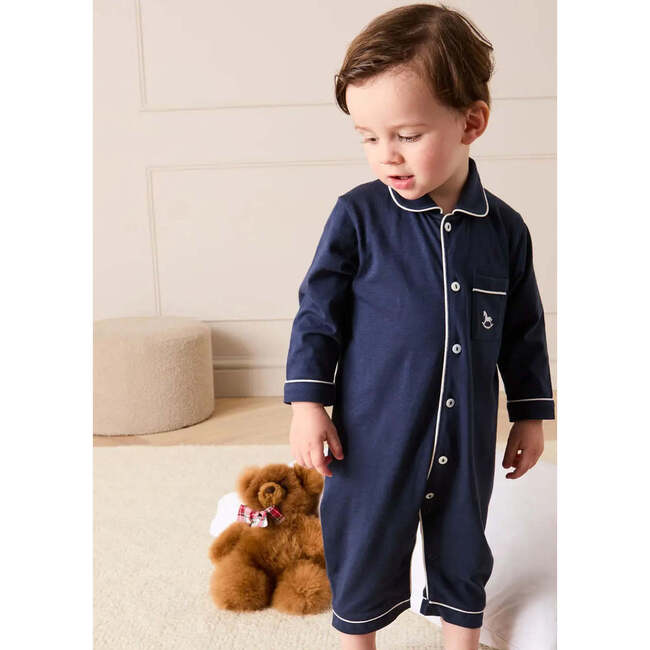 Rocking Horse Embroidered Pima Cotton Footie Pajamas, Navy - Footie Pajamas - 2