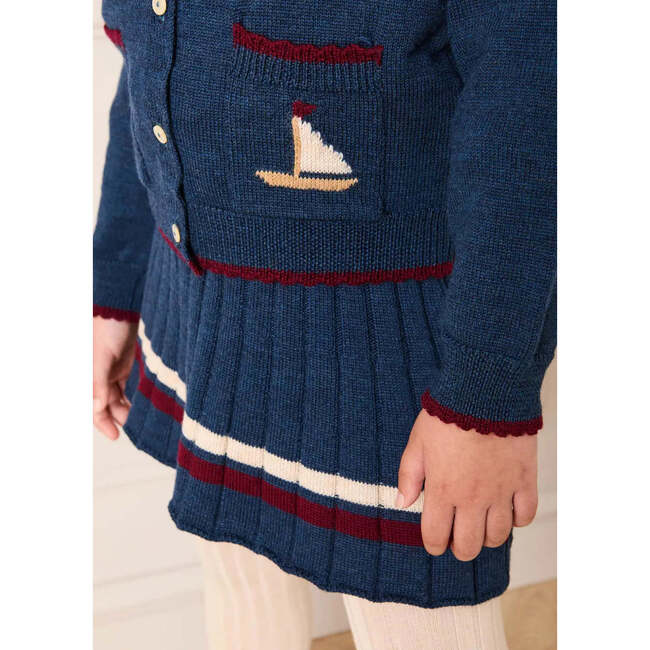 Pleated Bow Detail Striped Trim Skirt, Navy - Skirts - 3