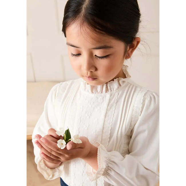 Flower Embroidered Lace Detail Top, White - Blouses - 3