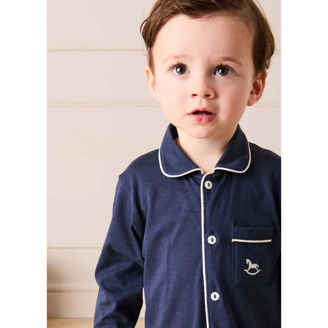 Rocking Horse Embroidered Pima Cotton Footie Pajamas, Navy - Footie Pajamas - 3