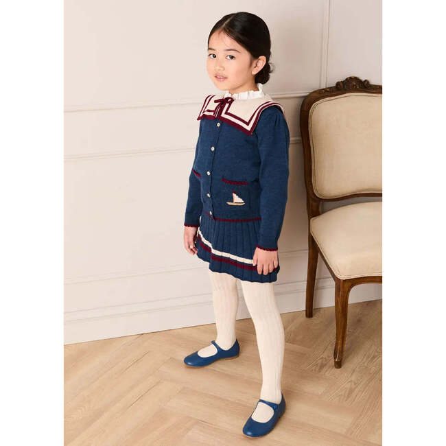 Pleated Bow Detail Striped Trim Skirt, Navy - Skirts - 5