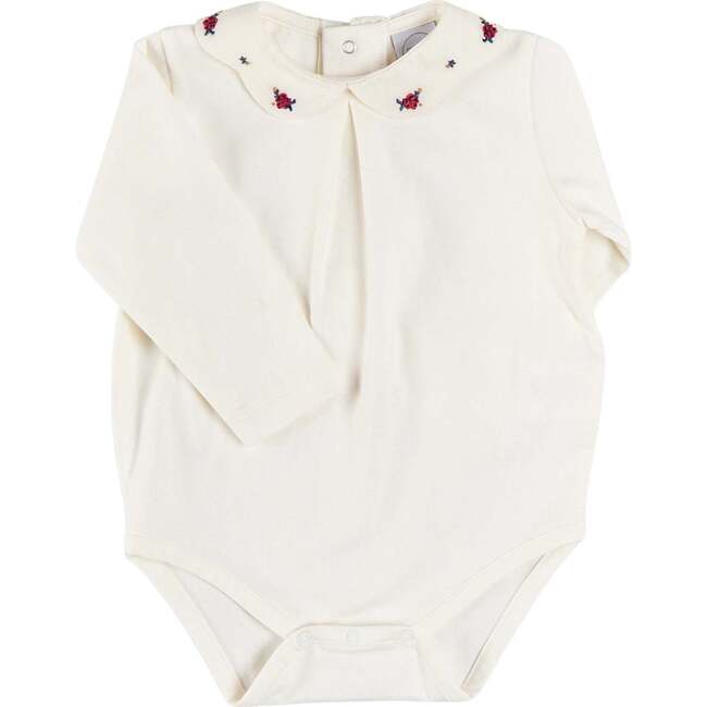 Flower Embroidered Collar Long Sleeve Bodysuit, Red