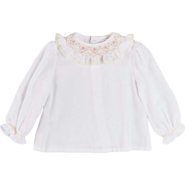 Floral Embroidered Ruffle Collar Lace Trim Blouse, White