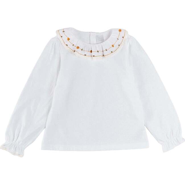 Floral Embroidered Collar with Lace Trim Top, Cream