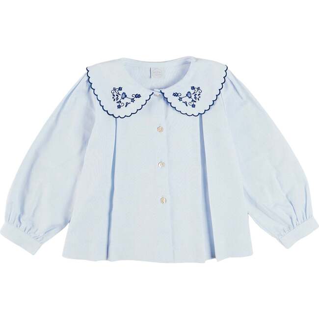 Floral Embroidered Collar Oxford Blouse, Blue