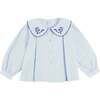 Floral Embroidered Collar Oxford Blouse, Blue - Blouses - 1 - thumbnail