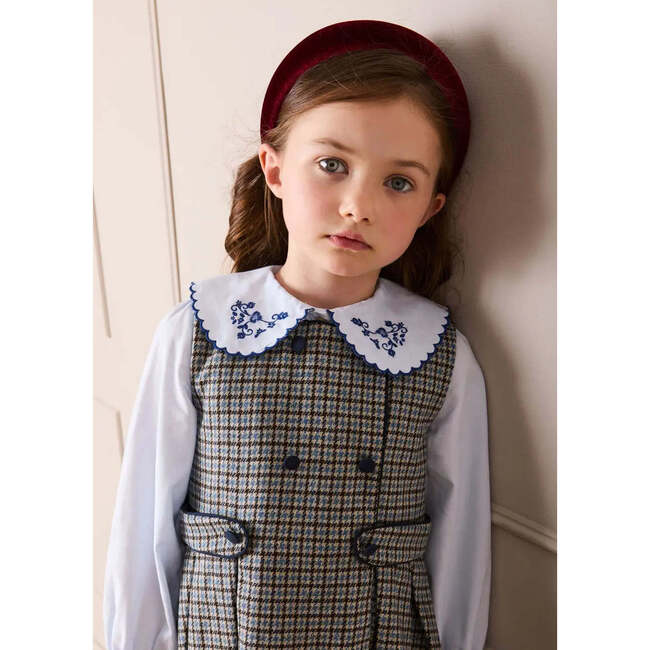 Floral Embroidered Collar Oxford Blouse, Blue - Blouses - 2