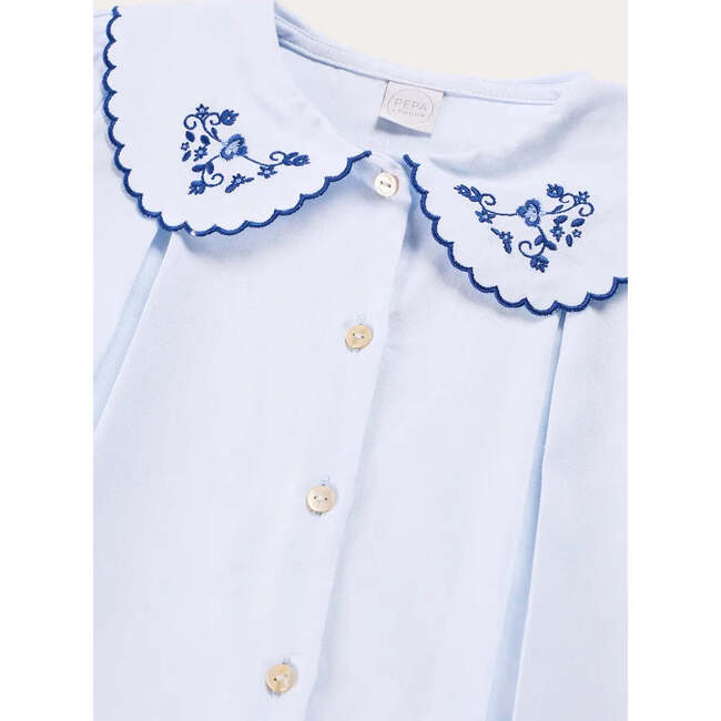 Floral Embroidered Collar Oxford Blouse, Blue - Blouses - 7