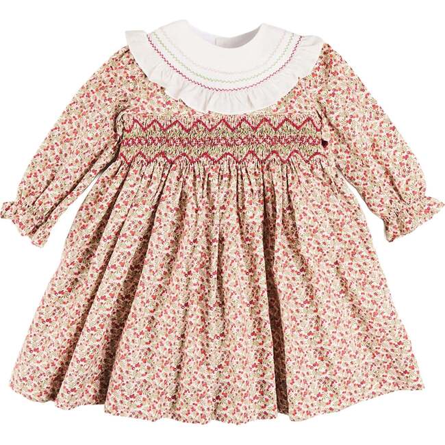 Evelyn Floral Hand Smocked Embroidered Collar Long Sleeve Dress, Pink