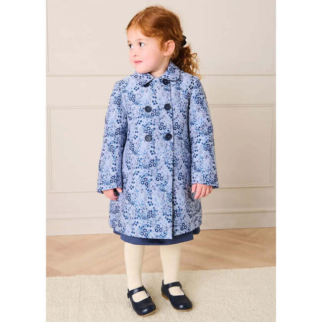 Eleanor Floral Jaquard Long Sleeve Coat, Blue - Coats - 2