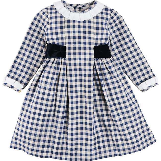 Draycott Check Long Sleeve Velvet Bow Dress, Blue