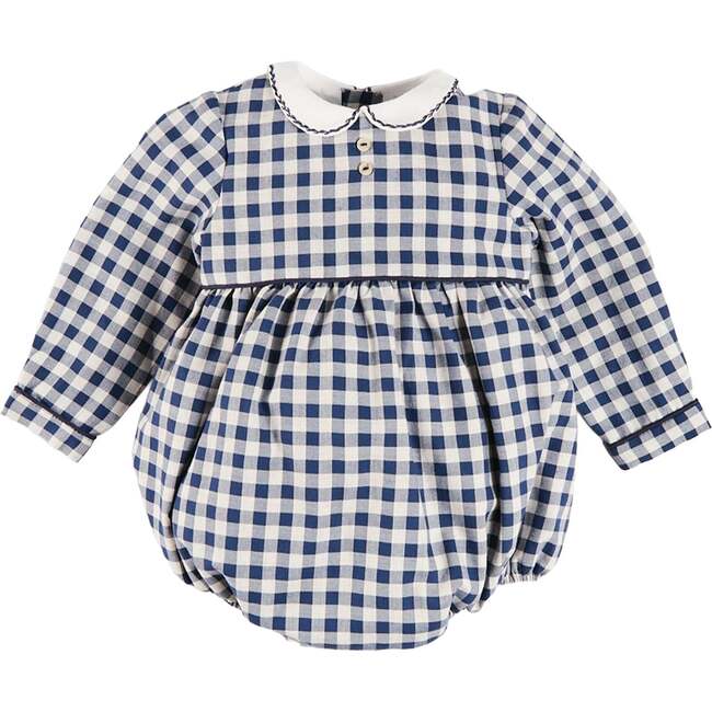 Draycott Check Peter Pan Collar Long Sleeve Romper, Blue