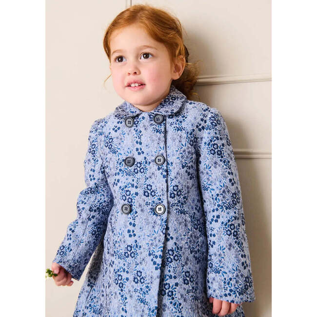 Eleanor Floral Jaquard Long Sleeve Coat, Blue - Coats - 3