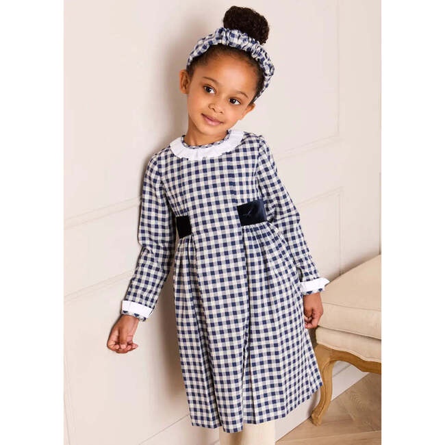 Draycott Check Long Sleeve Velvet Bow Dress, Blue - Dresses - 2