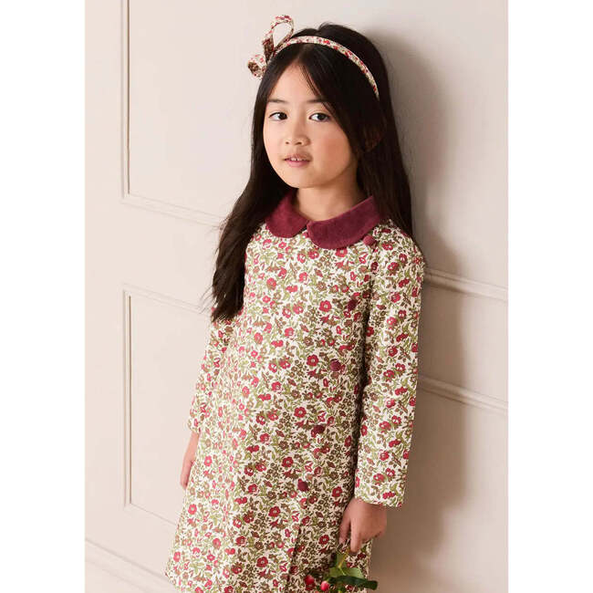 Daphne Floral Long Sleeve Velvet Collar Dress, Burgundy - Dresses - 2
