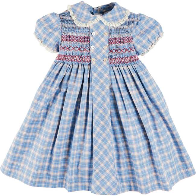 Denby Check Hand Smocked Double Breasted Short Sleeve Dress, Blue