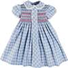 Denby Check Hand Smocked Double Breasted Short Sleeve Dress, Blue - Dresses - 1 - thumbnail