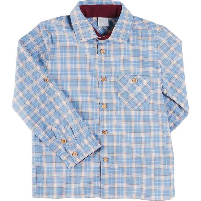 Denby Check Polo Collar Long Sleeve Shirt, Blue