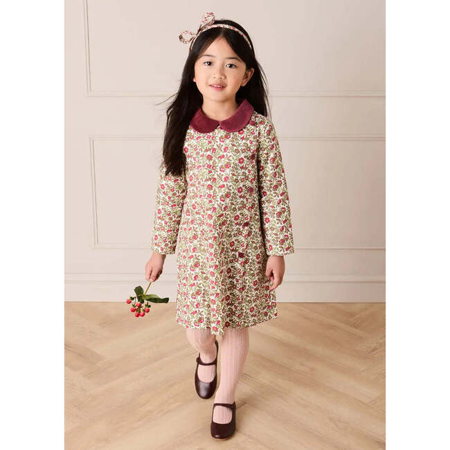 Daphne Floral Long Sleeve Velvet Collar Dress, Burgundy - Dresses - 3