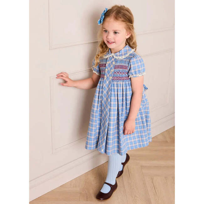 Denby Check Hand Smocked Double Breasted Short Sleeve Dress, Blue - Dresses - 2