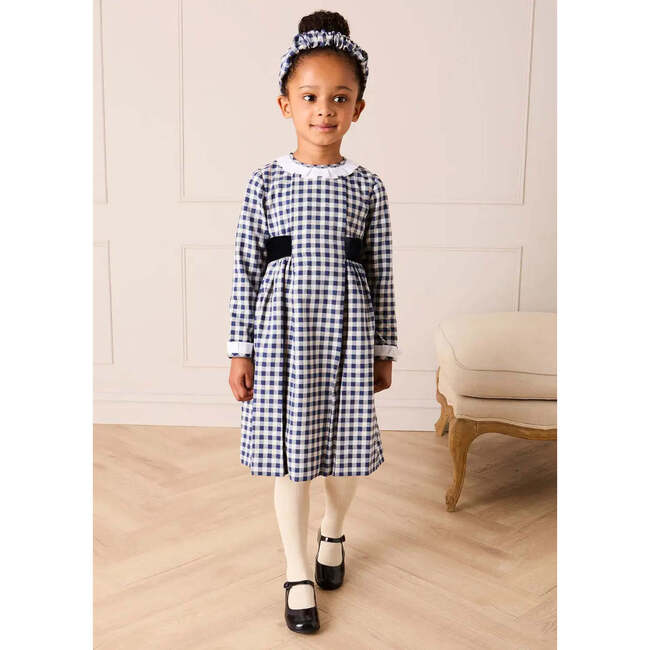 Draycott Check Long Sleeve Velvet Bow Dress, Blue - Dresses - 3