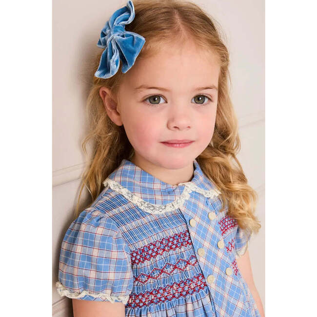 Denby Check Hand Smocked Double Breasted Short Sleeve Dress, Blue - Dresses - 3