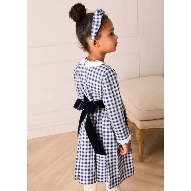 Draycott Check Long Sleeve Velvet Bow Dress, Blue - Dresses - 4
