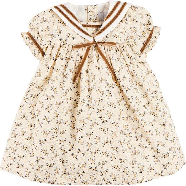 Cora Floral Mariner Collar Velvet Trim Dress, Toffee