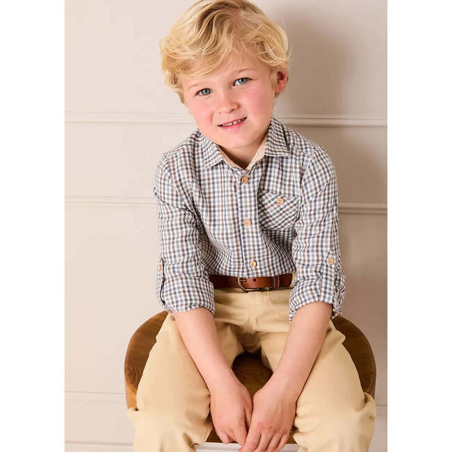 Cadogan Houndstooth Polo Collar Long Sleeve Shirt, Beige