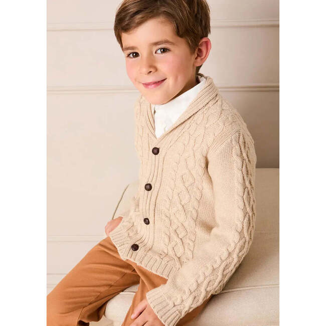 Cable Knit Shawl Neck Cardigan, Camel - Cardigans - 2