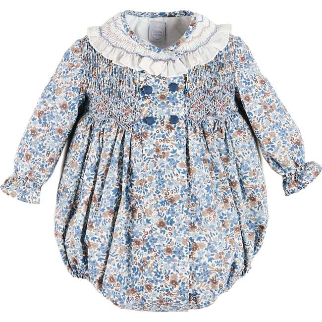 Beatrice Floral Hand Smocked Double Breasted Romper, Blue